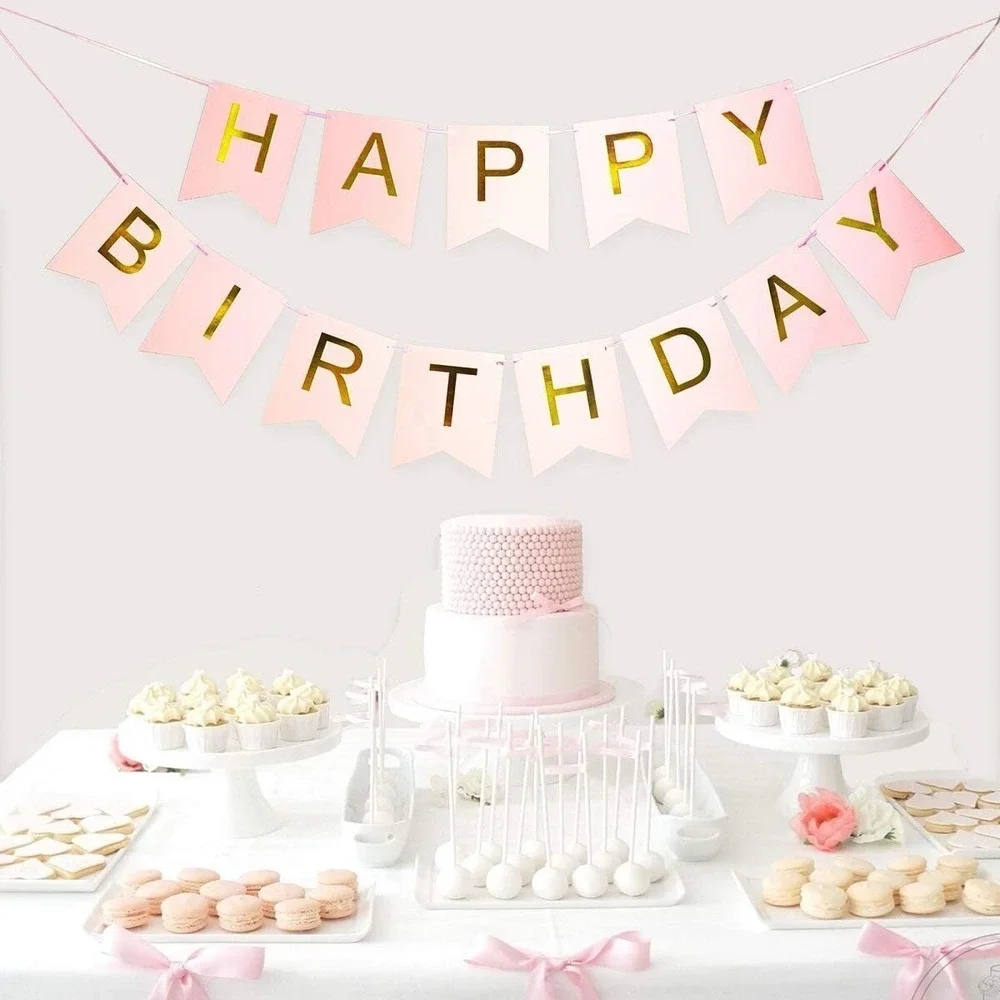 Pink Gold Happy Birthday Banner –‎ Large Backdrop Sign for Party Décor